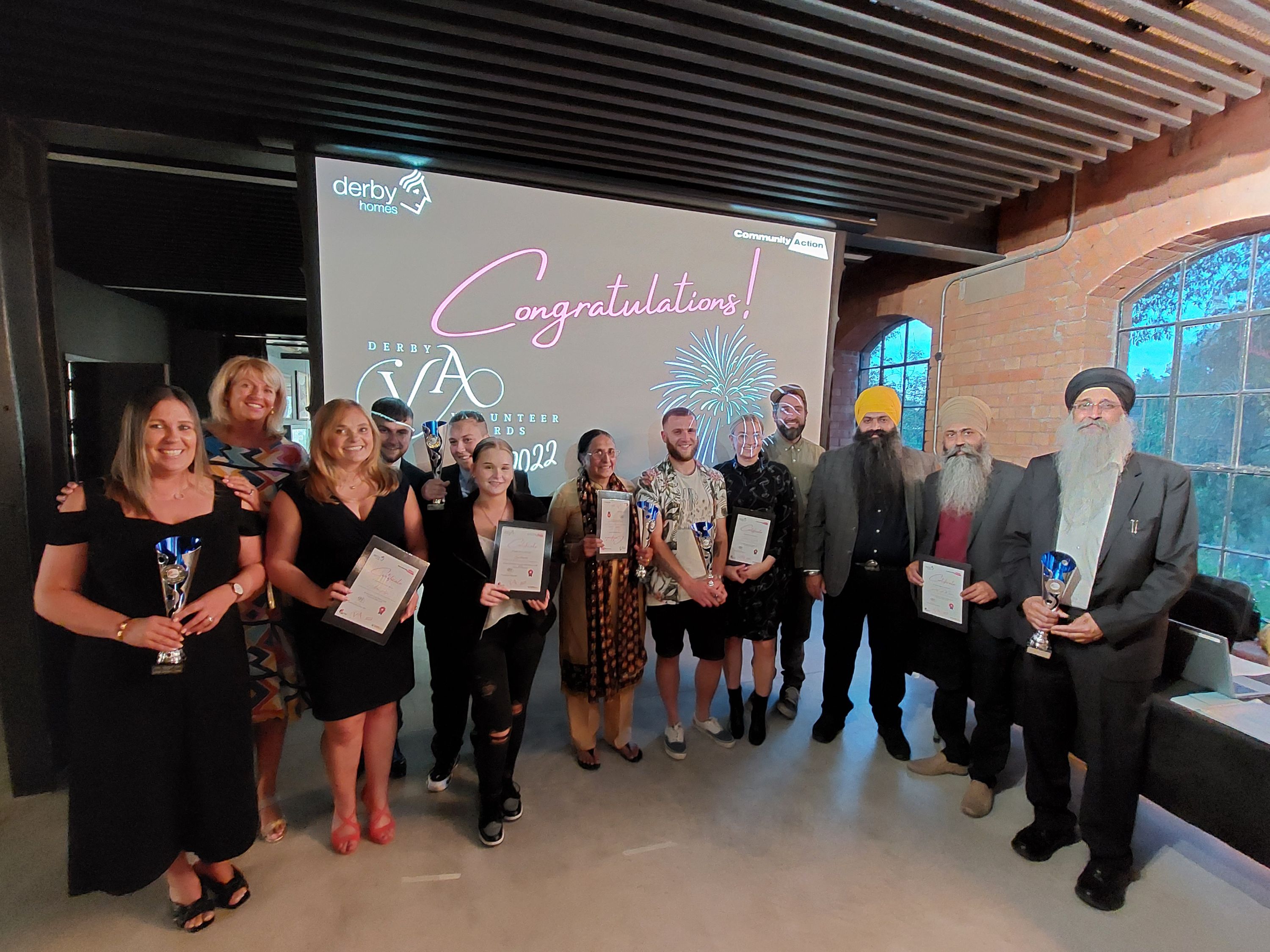 Left to right: Enthusiasm – Voluntary, Community and Social Enterprise (VCSE) Award, Joginder Bains - Lifetime Achievement Award, Down to Earth Derby – Grassroots and Innovation Award and The Derby Sikh Museum - Arts, Culture and Heritage Award