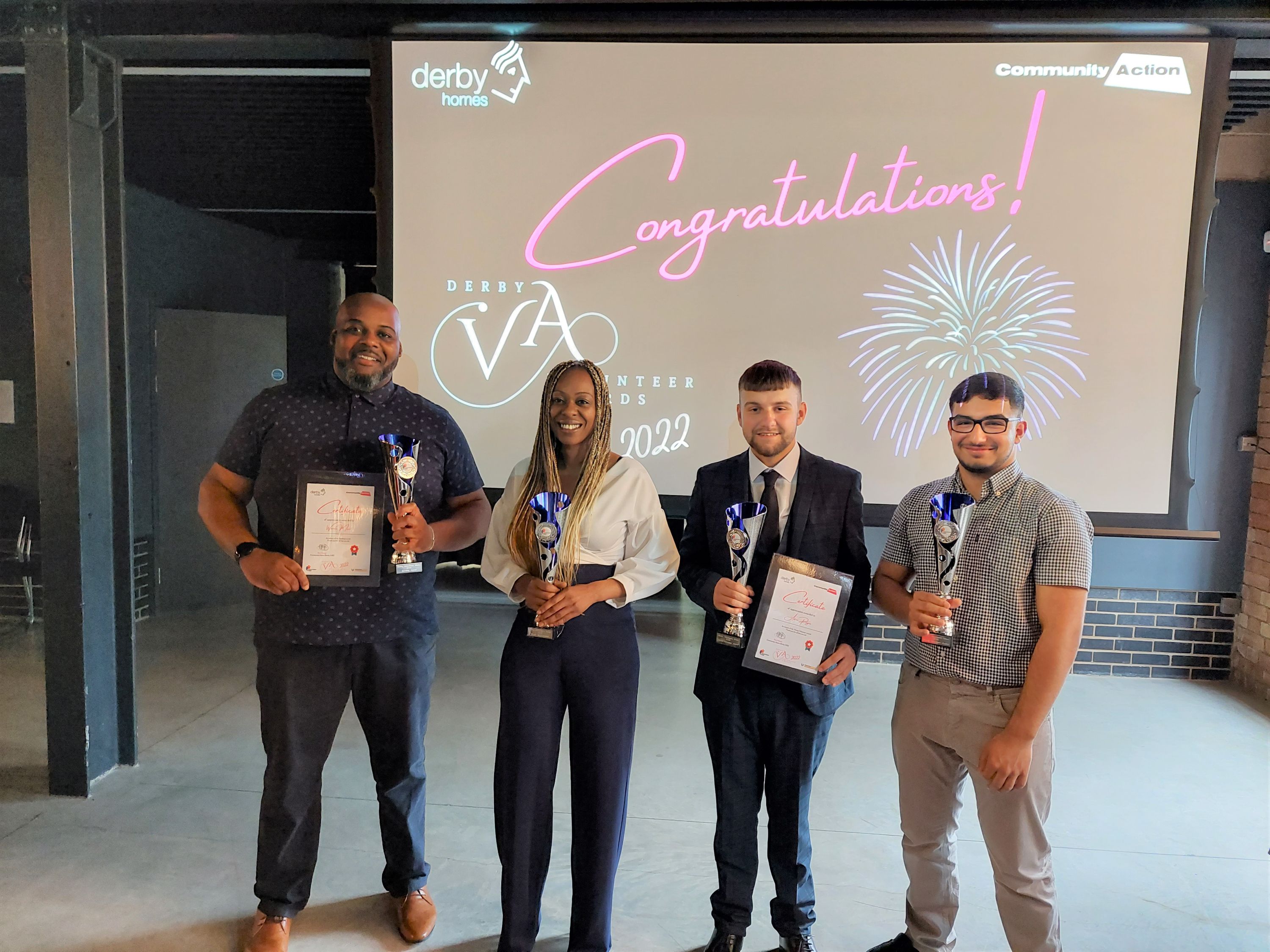 Left to right - Warren Muir - Sporting Award, Natasha Cover - Youth Work Award, Aaron Payne - Young Volunteer Award and Hasnain Ashraf - Young Volunteer Award