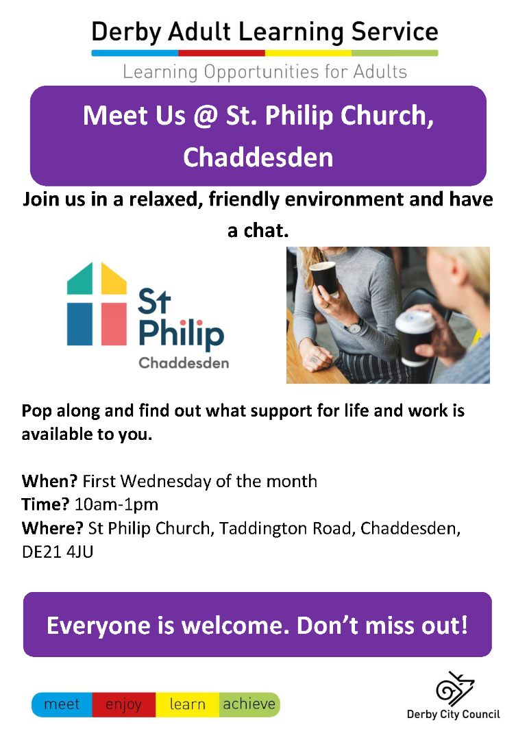 Meet Derby Adult Learning Service @ St. Philip Church, Chaddesden poster - click image for PDF version