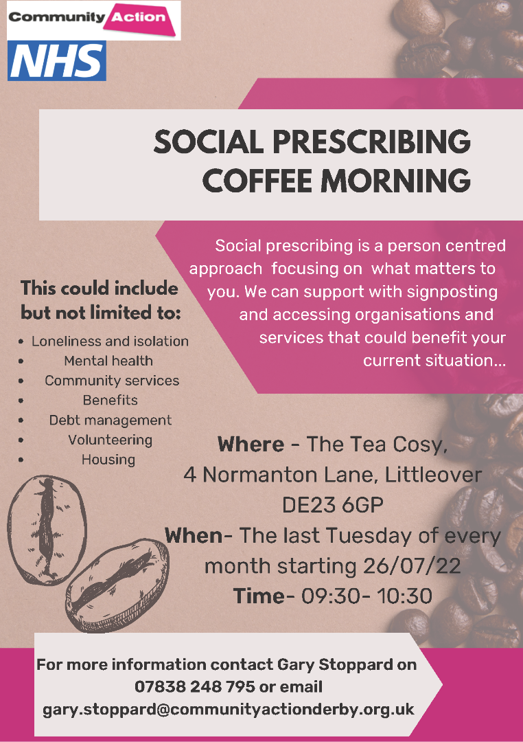 Social Prescribing Coffee Morning - Littleover poster, all info in text below