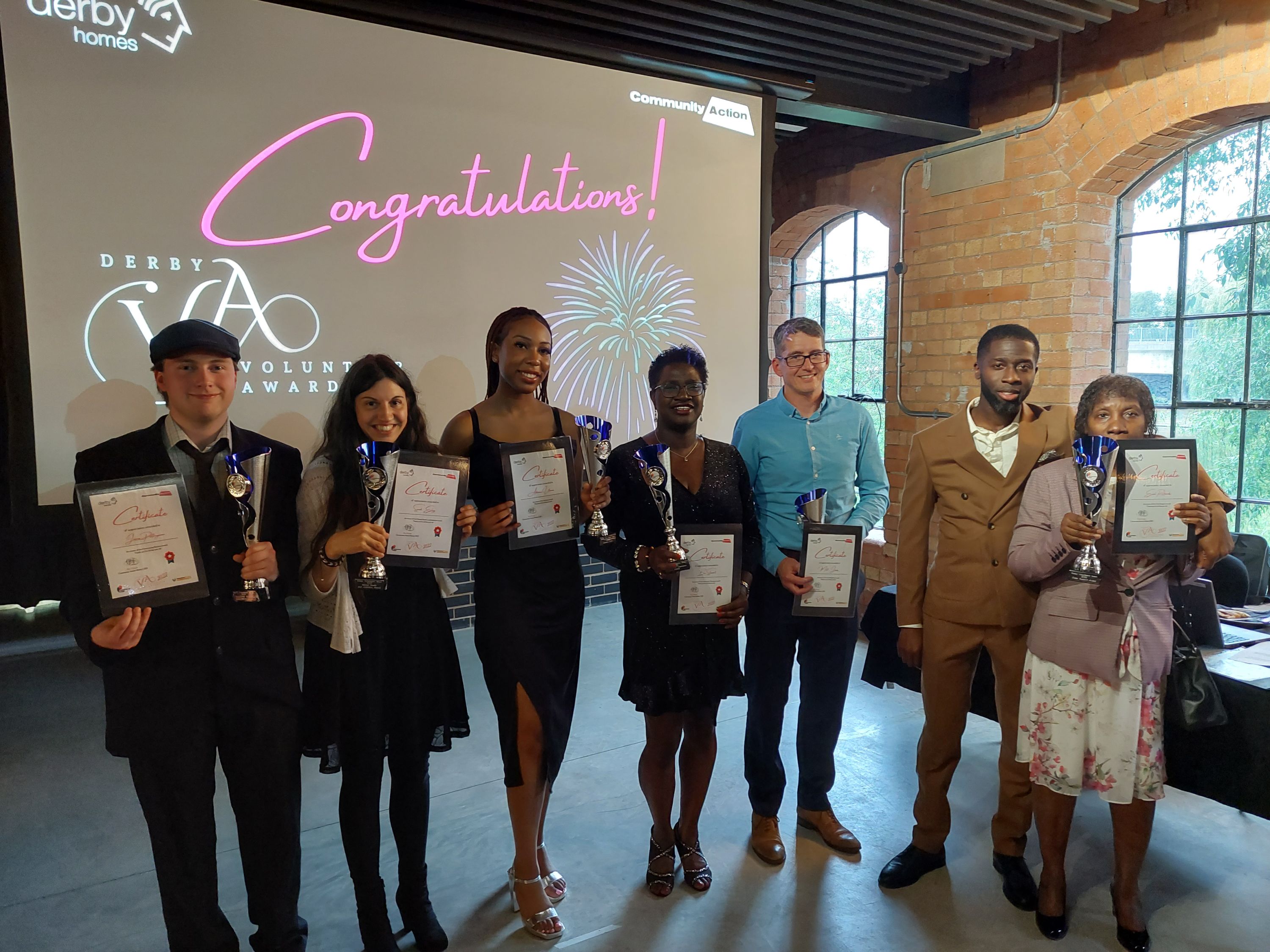Left to right: James Palfreyman - Overcoming Barriers Award, Sarah Eley - Mental Health & Addiction Award, Addana Uzoma – Inclusion Award, Bev Stewart - Community Champion Award, Matt Jones - Good Neighbour Award & Earl Richards - Crisis Support Award wit