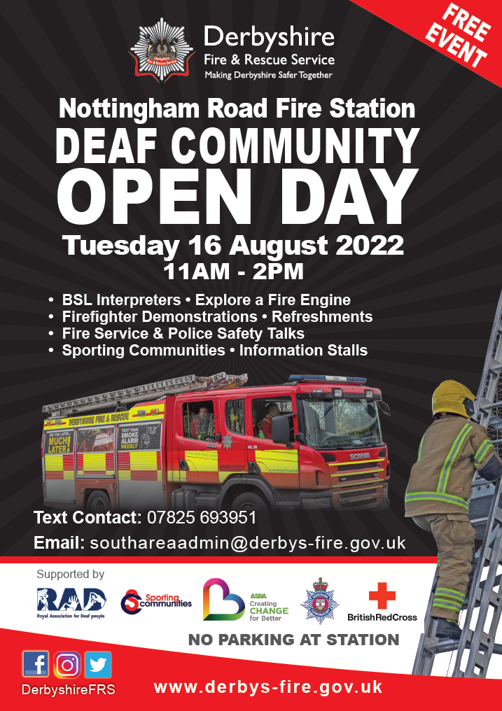 Nottingham Road Fire Station - Deaf Community Open Day poster - all info in text below