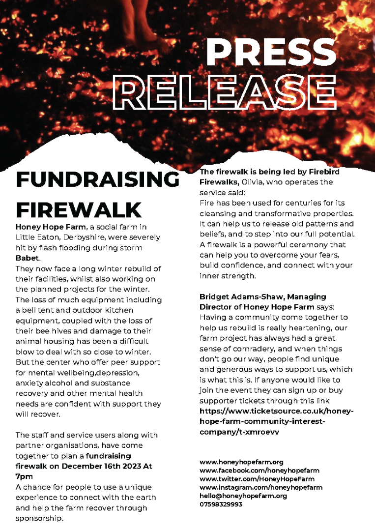 Fundraising Firewalk for Honey Hope Farm poster - click image for PDF version