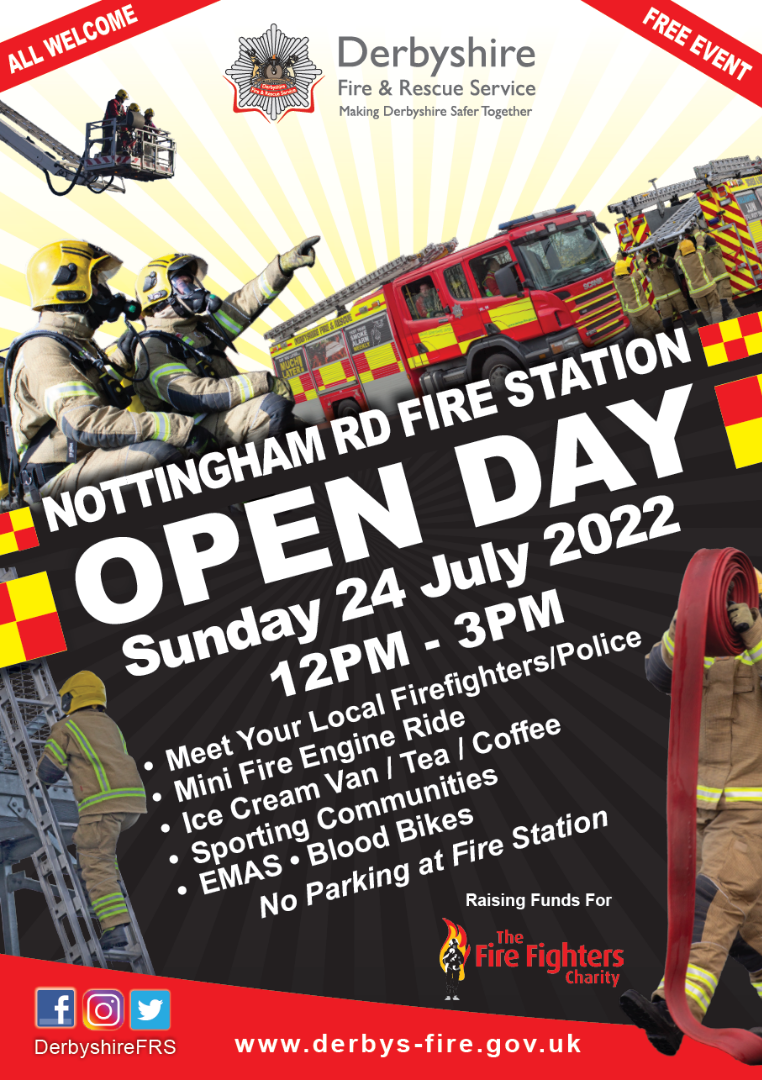 Nottingham Rd Fire Station Open Day poster - all info in text below