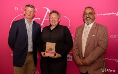 Ali Davies-Marsh, winner of the Green Ambassador Award, with award presenter Owen Swift, Head of Climate and Active Environment at Derby City Council and award host Amo Raju OBE DL