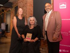 Aisha Silverwood, winner of the Overcoming Barriers Award, with award presenter Tracy Harrison, CEO of Safe and Sound and award host Amo Raju OBE DL