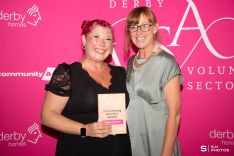 Christine Charles, winner of the Overcoming Barriers Award, receiving her award from Claire Thornber, one of Community Action’s Programme Leads.